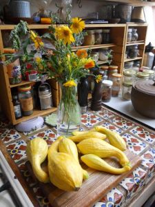 Squashes and flowers grown in the garden.