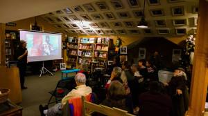 Rivera Sun presenting a film screening at Moby Dickens Bookshop
