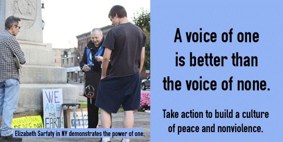  This photo comes from the Campaign Nonviolence Week of Actions in 2014, when a solo demonstrator engaged her community in profound discussions, one person at a time. This September 18-25th, be sure to join the Campaign Nonviolence Week of Actions!